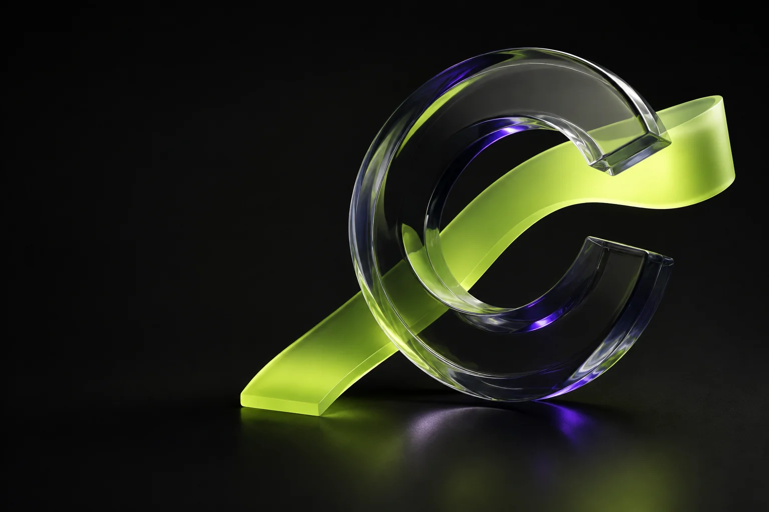 Abstracte glazen C-vorm met een opwaartse limekleurige lijn