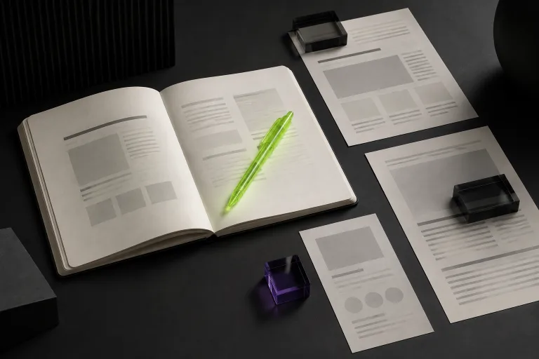 Notitieboek en paginaopbouw met een limekleurige pen