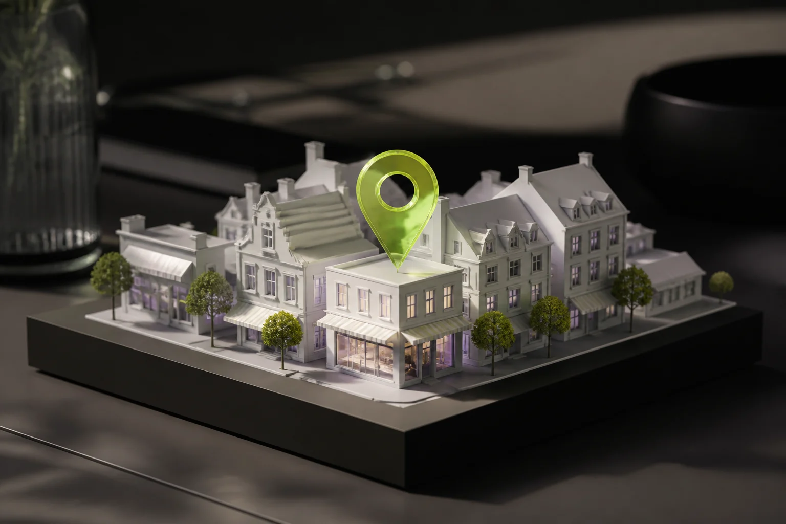 Miniatuurwijk met een limekleurige locatiepin