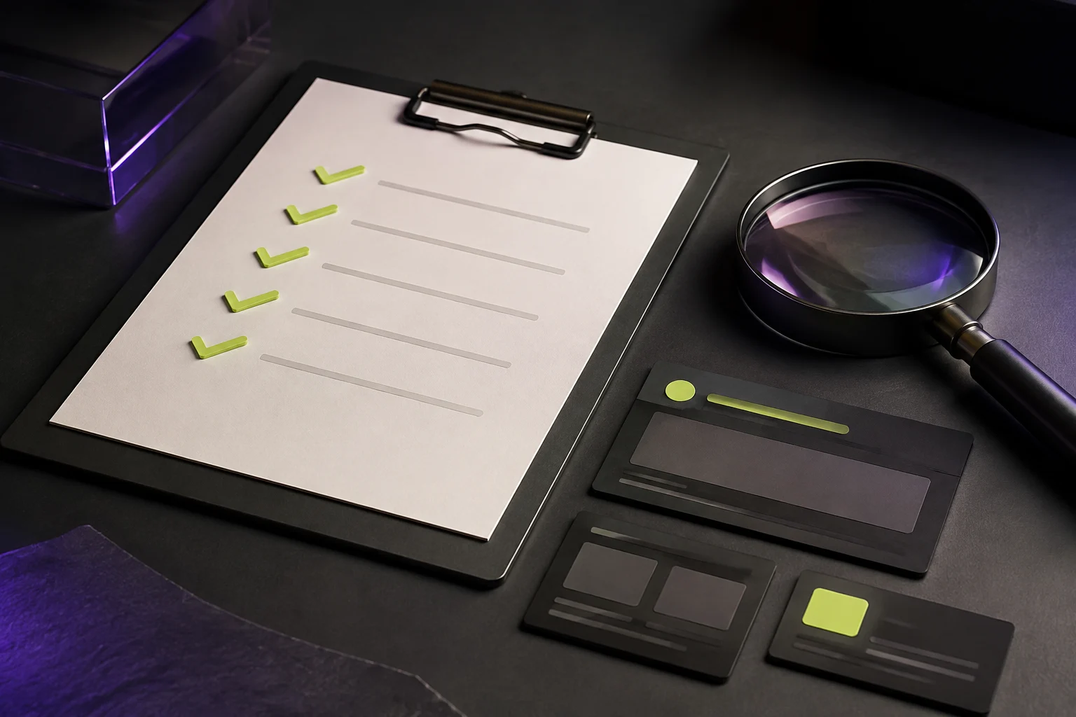 Checklist en vergrootglas voor een website-analyse
